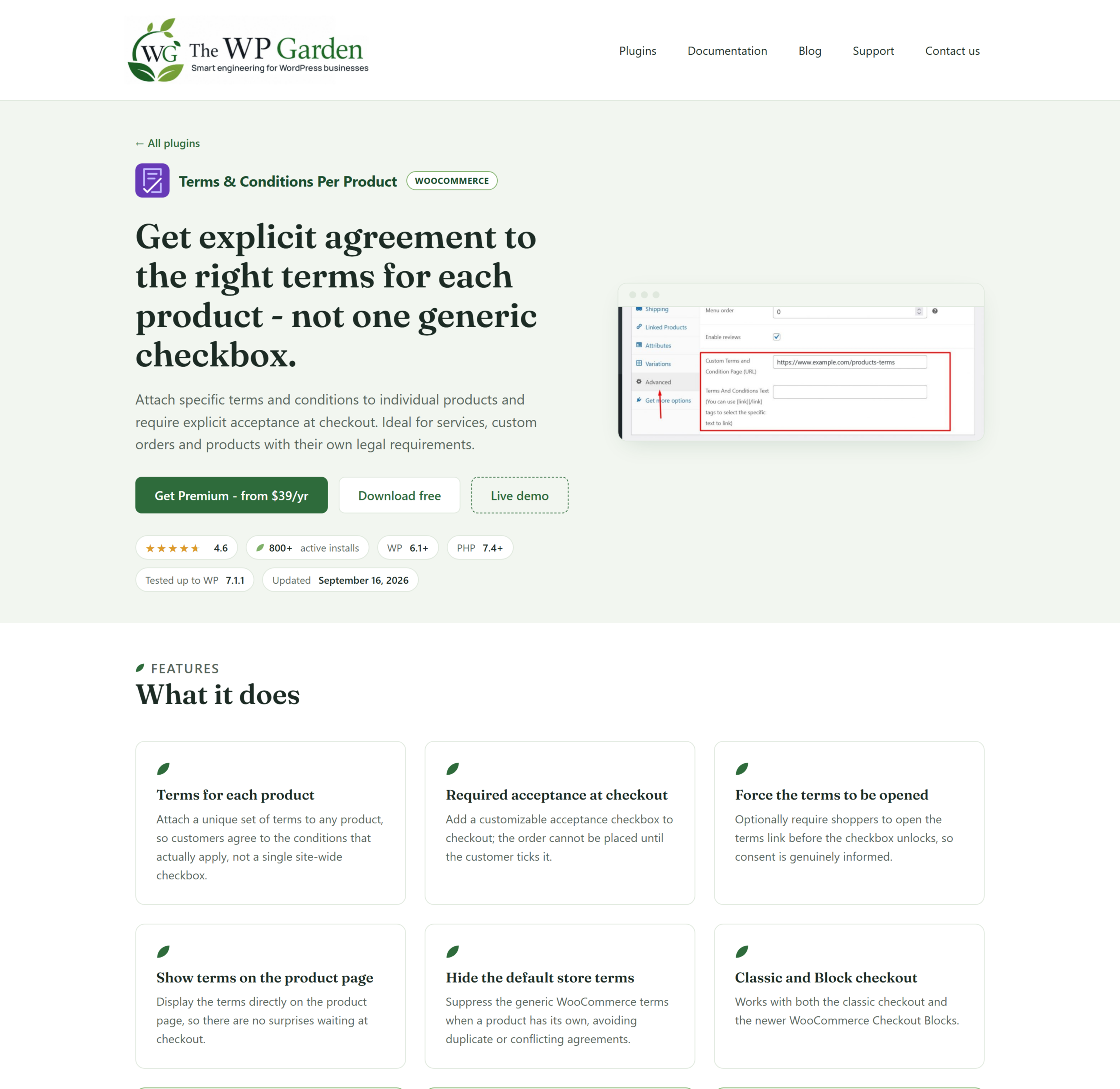 The Terms and Conditions Per Product plugin page