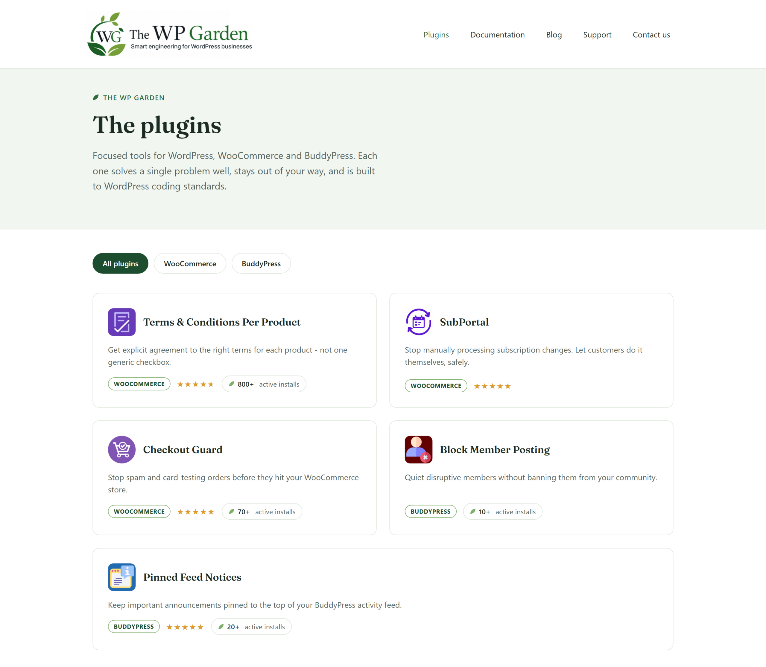 The WP Garden plugins archive listing every plugin